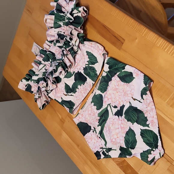 Ibakom Pink Hydrangea 2 Pc Swim Suit Highwaisted Ruffle Top Spaghetti Strap - Picture 8 of 10